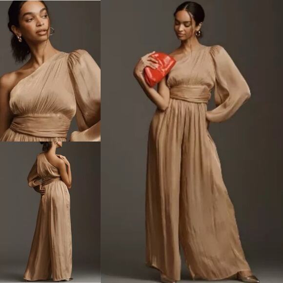Anthropologie One Shoulder Metallic Gold Jumpsuit Goddess - Picture 1 of 15
